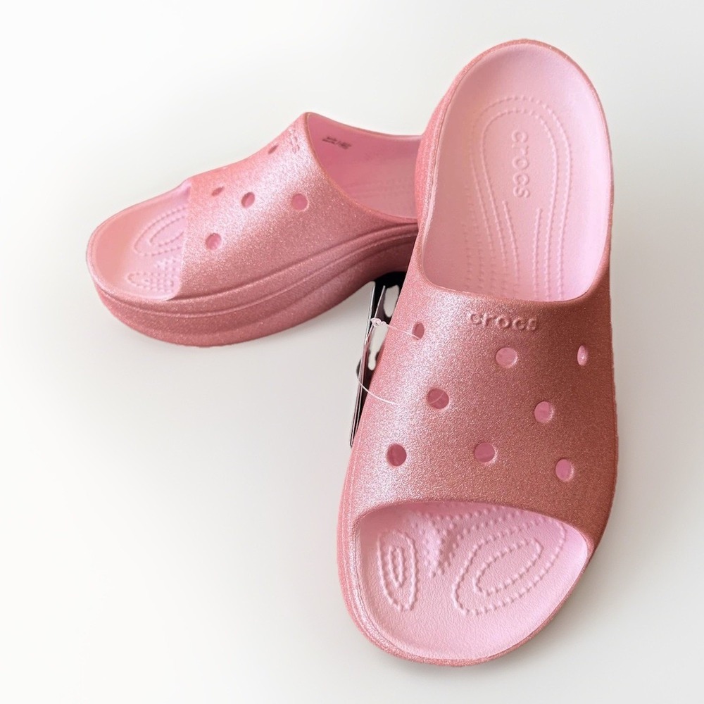 Crocs Bae Glitter Slide Sandals Womens Size 10 Pink Glitter Platform Wedge